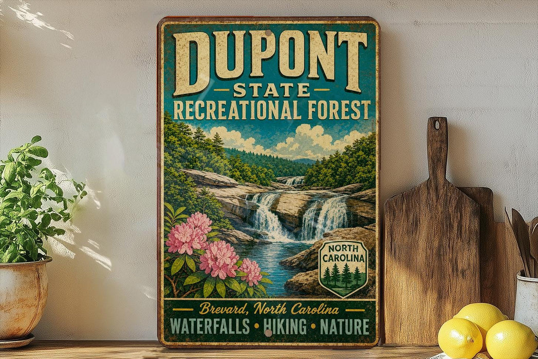 A vintage-style sign for DuPont State Recreational Forest in North Carolina, featuring a scenic image of a waterfall surrounded by lush greenery and pink flowers.