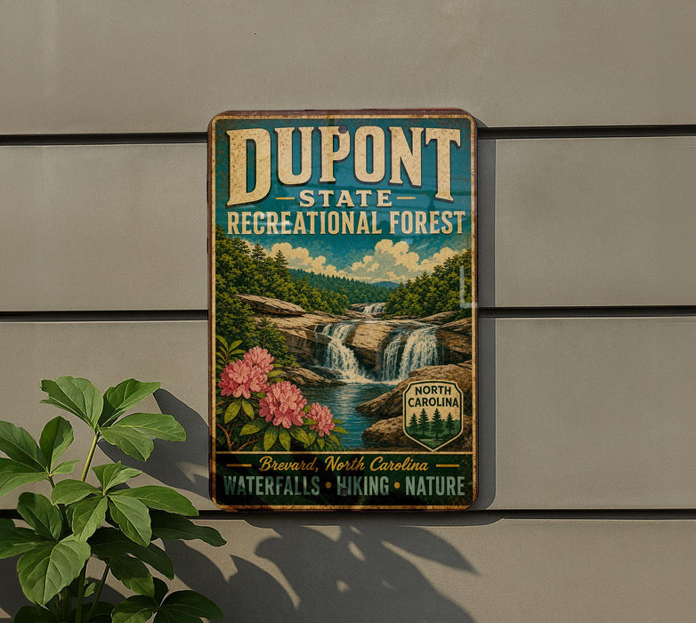 A vintage-style sign for DuPont State Recreational Forest, featuring a scenic landscape with waterfalls and flowers.
