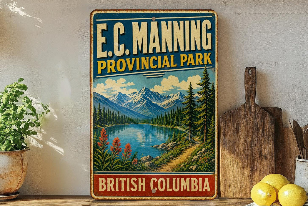 A vintage-style sign for E.C. Manning Provincial Park in British Columbia, Canada, featuring a scenic mountain landscape with a lake and pine trees.