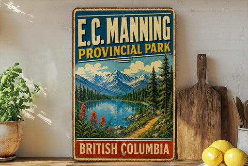 A vintage-style sign for E.C. Manning Provincial Park in British Columbia, Canada, featuring a scenic mountain landscape with a lake and pine trees.