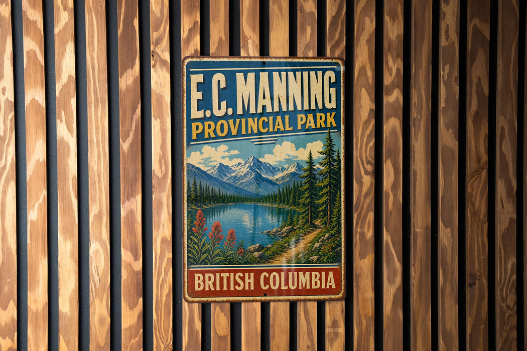 A vintage-style metal sign for E.C. Manning Provincial Park in British Columbia, Canada, featuring a scenic mountain landscape.
