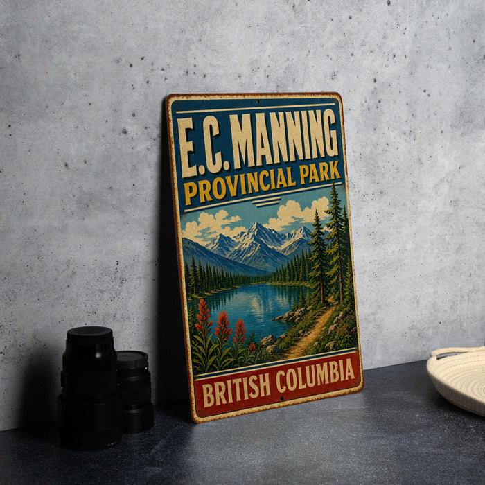 A vintage-style metal sign for E.C. Manning Provincial Park in British Columbia, Canada, featuring a scenic landscape with mountains, a lake, and pine trees.