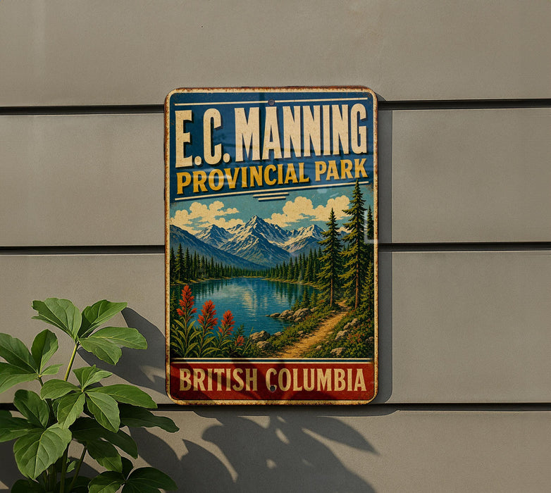 A vintage-style metal sign for E.C. Manning Provincial Park in British Columbia, Canada, featuring a scenic mountain landscape with a lake and pine trees.
