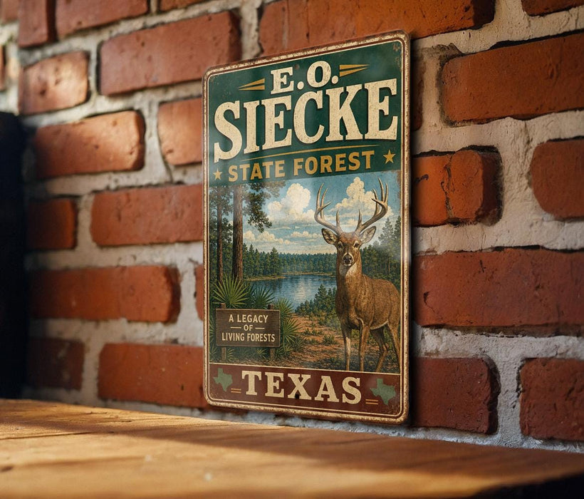 A vintage metal sign with the text "E.O. SIECKE STATE FOREST" and an illustration of a deer in a forest setting.