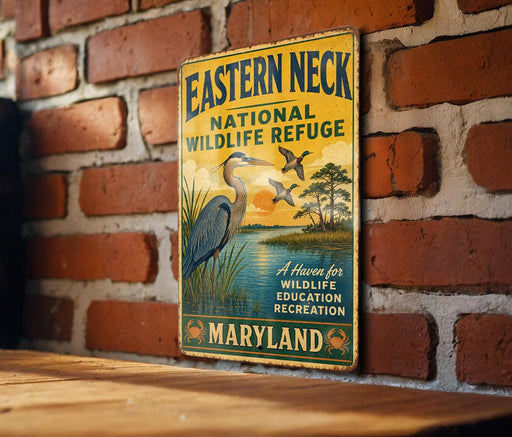 A vintage metal sign for the Eastern Neck National Wildlife Refuge in Maryland, featuring a blue heron and a sunset landscape.