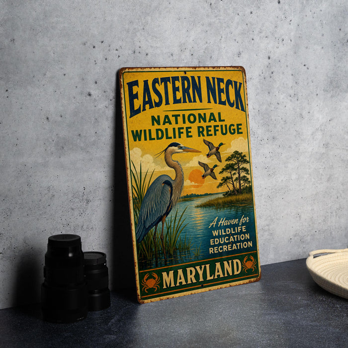 A vintage-style metal sign for the Eastern Neck National Wildlife Refuge in Maryland, featuring an illustration of a heron and birds in a natural setting.
