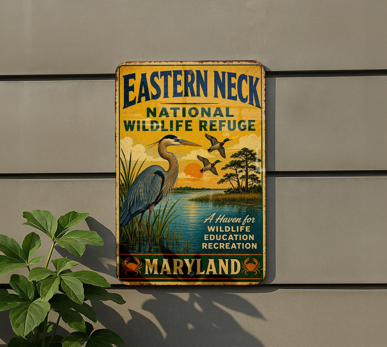 A vintage-style metal sign for the Eastern Neck National Wildlife Refuge in Maryland, featuring an illustration of a heron and a sunset landscape.