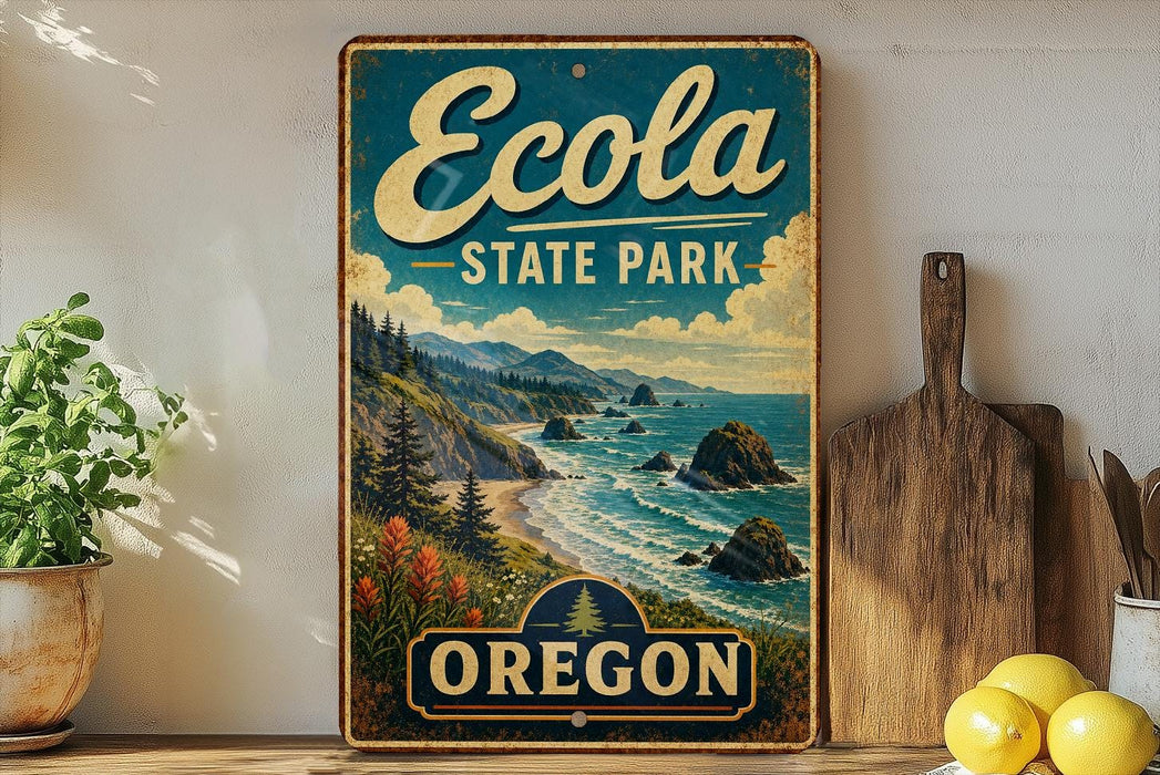 A vintage-style metal sign for Ecola State Park in Oregon, featuring a scenic coastal landscape with mountains, trees, and the ocean.
