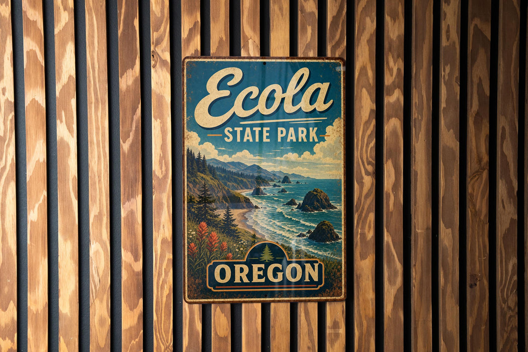 A vintage-style metal sign for Ecola State Park in Oregon, featuring a scenic landscape with mountains, trees, and a body of water.