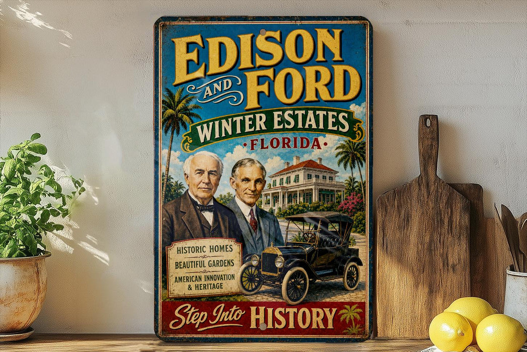 The image is a vintage advertisement for Edison and Ford, featuring two men in suits and a classic car, with a tropical setting and the text "Step into History".