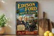 The image is a vintage advertisement for Edison and Ford, featuring two men in suits and a classic car, with a tropical setting and the text "Step into History".