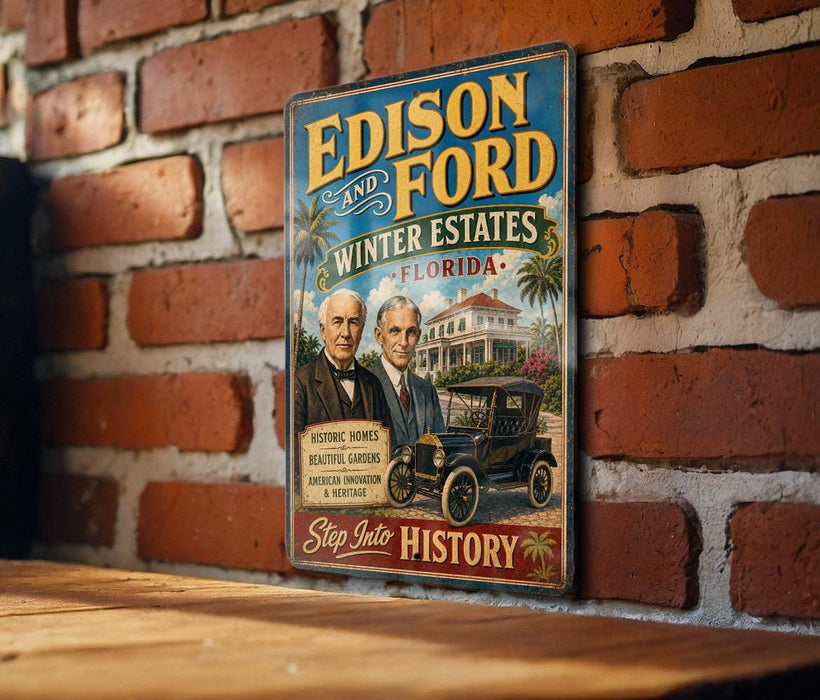 A vintage-style metal sign with the text "Edison and Ford Winter Estates Florida" displayed on a brick wall.