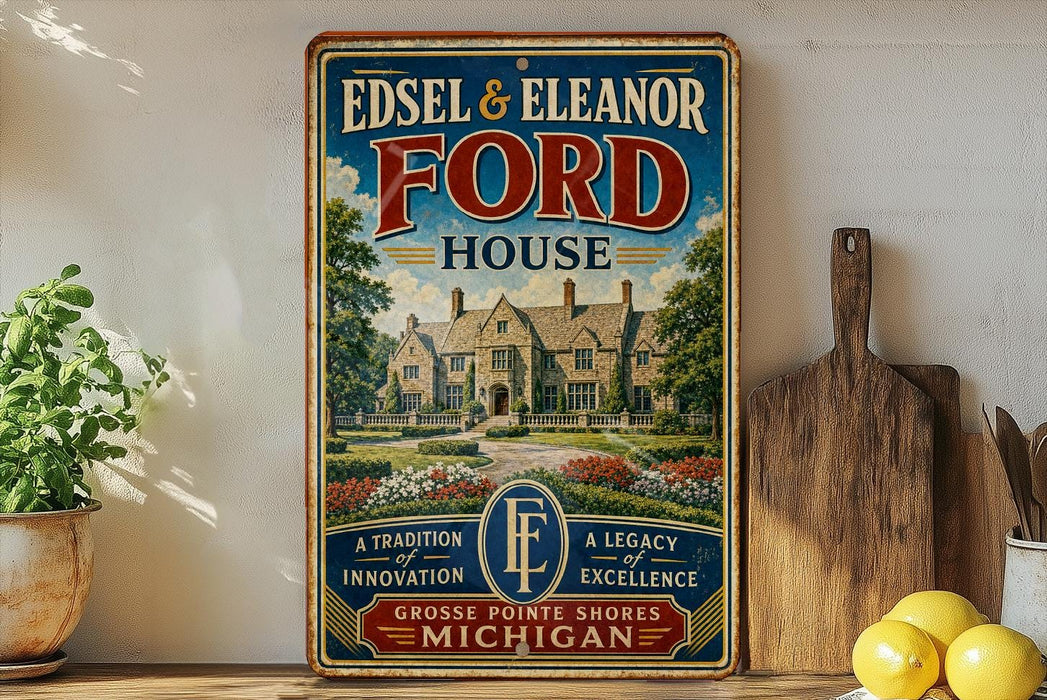 A vintage-style sign for Edsel & Eleanor Ford House, featuring a large illustration of the house and the Ford logo, is displayed on a shelf next to a wooden cutting board and some lemons.