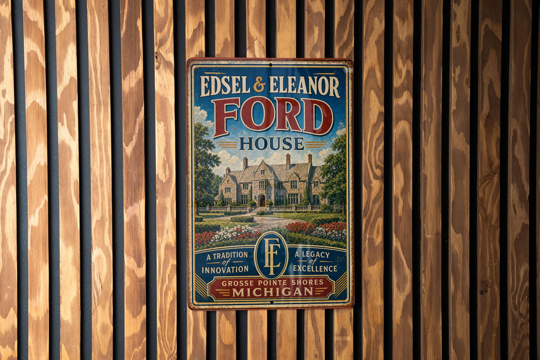 A vintage-style metal sign for Edsel & Eleanor Ford House, featuring a large illustration of the house and the Ford logo.