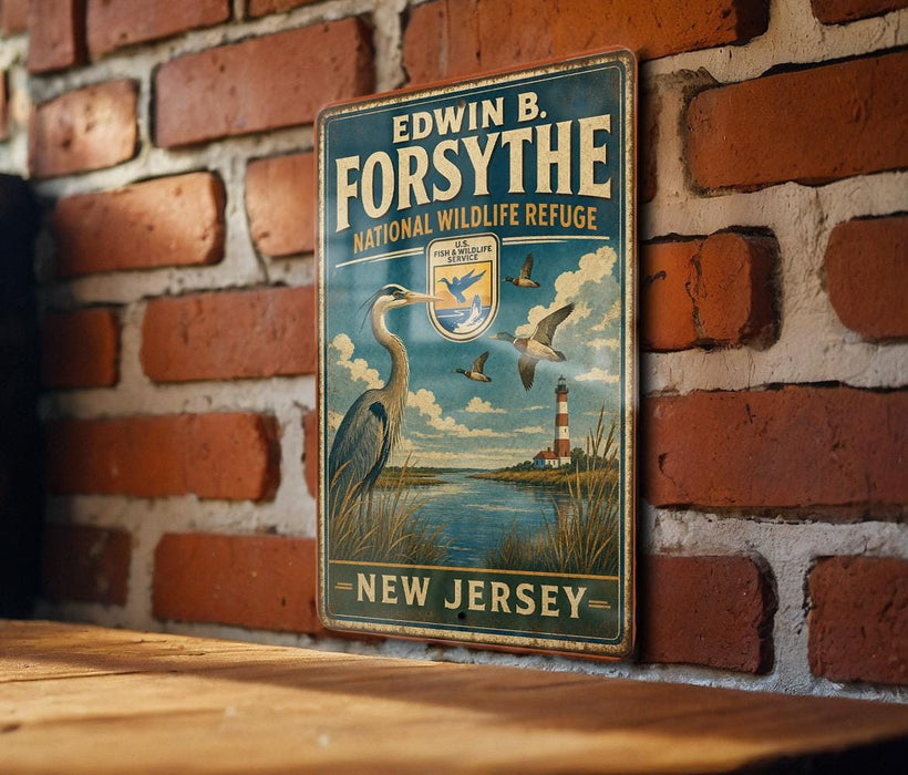 A vintage metal sign for the Edwin B. Forsythe National Wildlife Refuge in New Jersey, featuring a seagull and a lighthouse, is displayed on a brick wall.