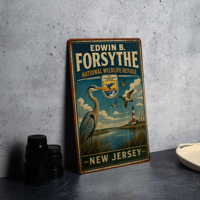 A vintage-style metal sign for the Edwin B. Forsythe National Wildlife Refuge in New Jersey, featuring a large blue heron and a lighthouse in the background.