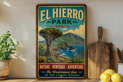 A vintage-style sign for El Hierro Park, Spain, featuring a scenic landscape with mountains, palm trees, and a blue sky.