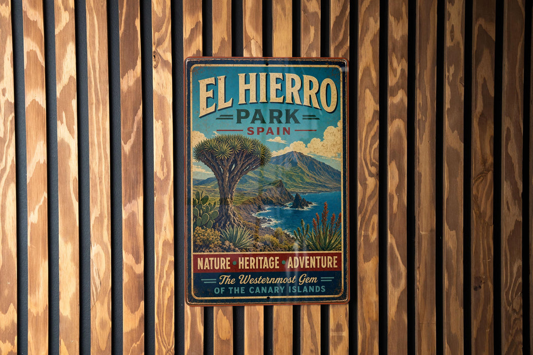 A vintage metal sign for El Hierro Park in Spain, featuring a scenic landscape with mountains, a tree, and a body of water.
