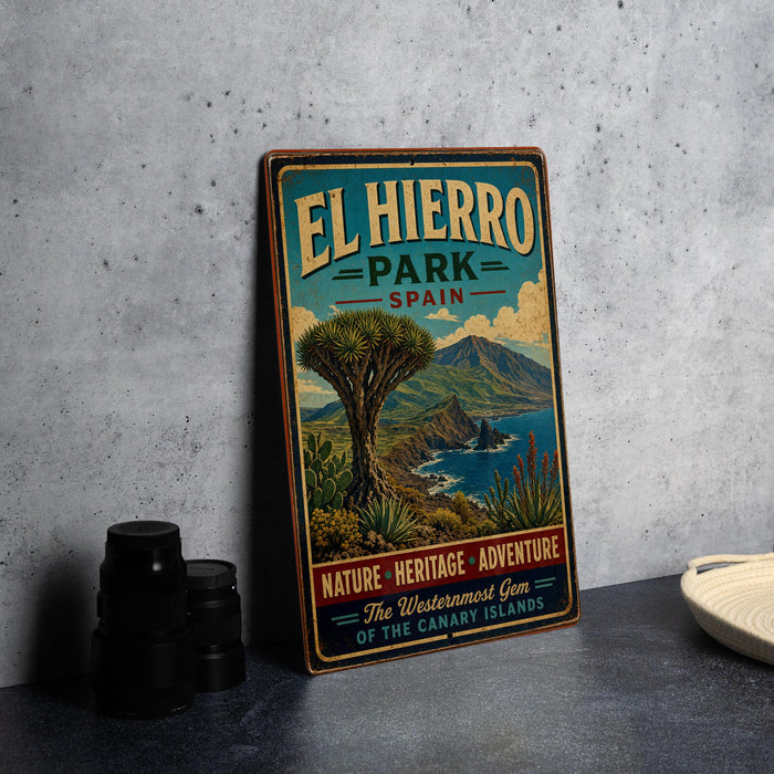 A vintage-style metal sign for El Hierro Park, Spain, featuring a scenic landscape with mountains, palm trees, and a body of water.