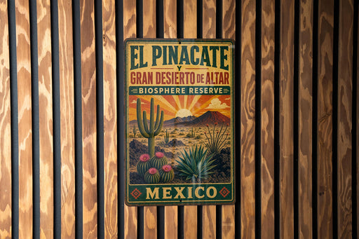a metal sign with a desert landscape and cacti, mounted on a wooden wall.