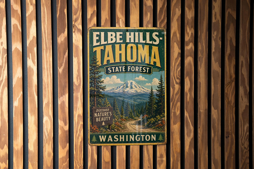 A vintage metal sign for Elbe Hills, Tahoma State Forest in Washington, featuring a scenic mountain landscape.