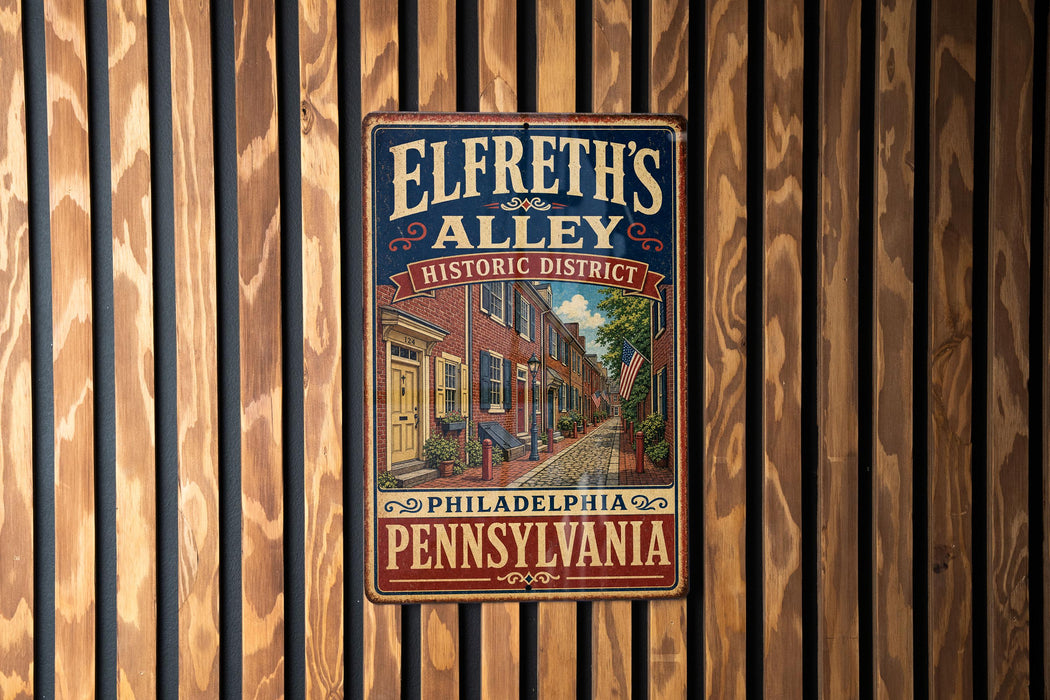 A vintage-style metal sign for Elfreth's Alley in Philadelphia, Pennsylvania, featuring an illustration of a historic district with brick buildings and a cobblestone street.