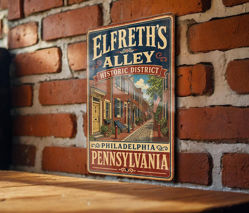 A vintage-style metal sign for Elfreth's Alley in Philadelphia, Pennsylvania, featuring an illustration of a brick street with a building and trees.