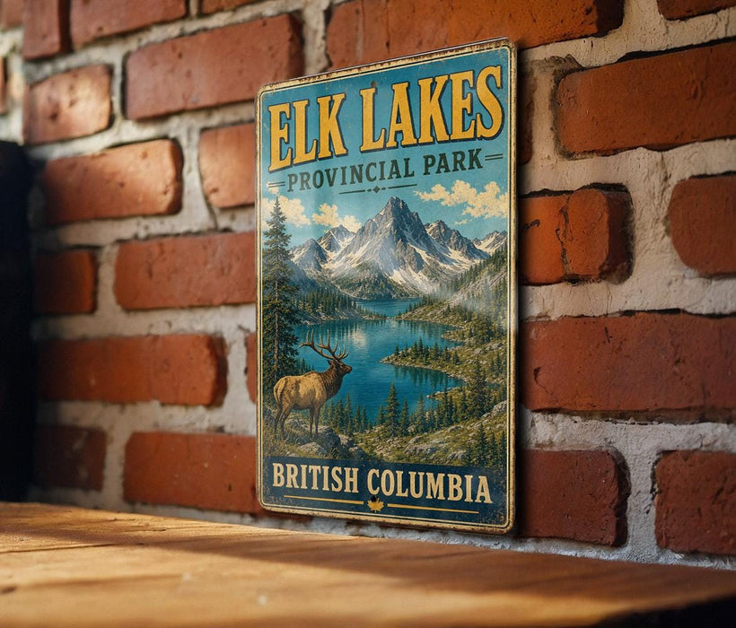 A vintage-style metal sign for the Elk Lakes Provincial Park in British Columbia, Canada, featuring a scenic mountain landscape with a moose and a lake.