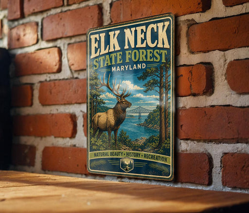 A vintage metal sign for the Elk Neck State Forest in Maryland, featuring an illustration of a deer in a wooded area with a bridge in the background.
