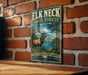 A vintage metal sign for the Elk Neck State Forest in Maryland, featuring an illustration of a deer in a wooded area with a bridge in the background.