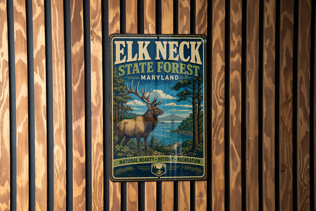 A metal sign with a vintage-style illustration of a deer in a forest, mounted on a wooden wall.