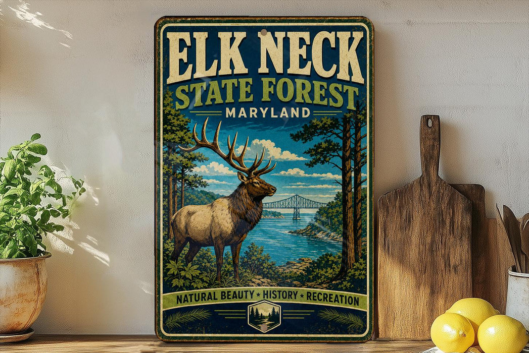 A vintage-style sign for the Elk Neck State Forest in Maryland, featuring an illustration of a deer in a forest setting with a bridge in the background.
