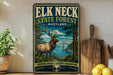 A vintage-style sign for the Elk Neck State Forest in Maryland, featuring an illustration of a deer in a forest setting with a bridge in the background.
