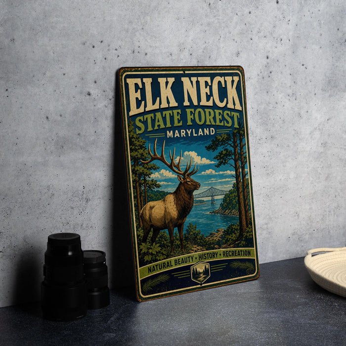A vintage metal sign for the Elk Neck State Forest in Maryland, featuring an illustration of a deer in a forest setting.