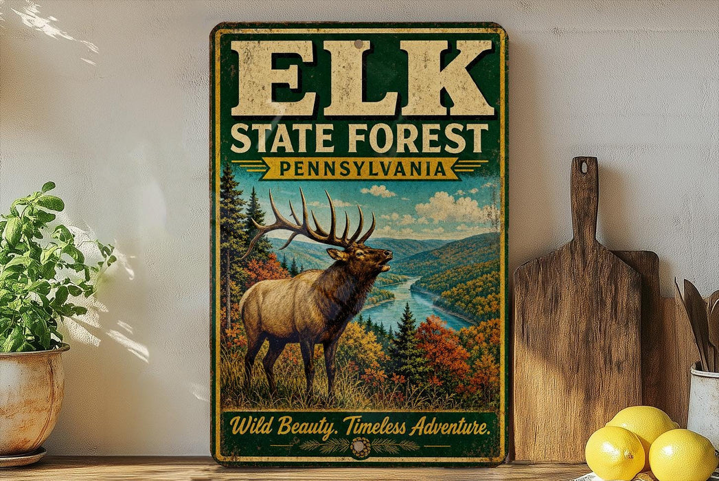 A vintage-style metal sign for the Elk State Forest in Pennsylvania, featuring an illustration of a large elk standing in a scenic forest landscape.