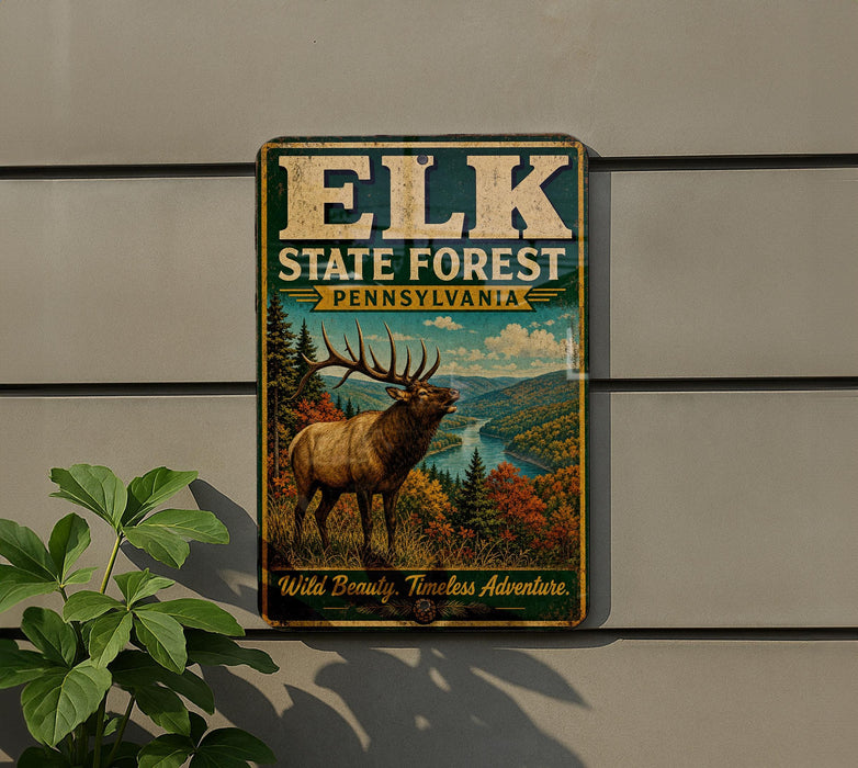A metal sign with a picture of a deer in a forest, mounted on a wall.