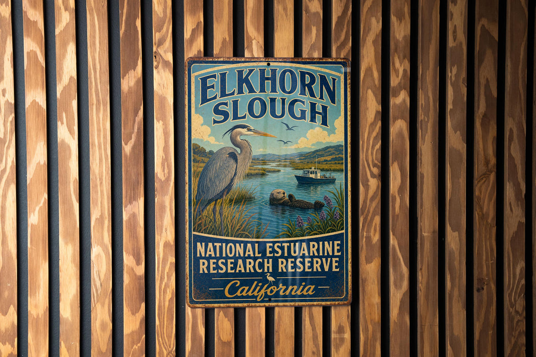 A vintage metal sign for the National Estuarine Research Reserve in California, featuring an illustration of a heron and a boat on a body of water.