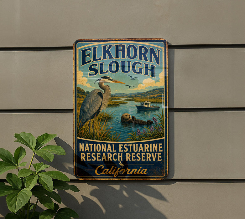 A vintage-style metal sign for the National Estuarine Research Reserve in California, featuring an illustration of a heron and a boat on a body of water.