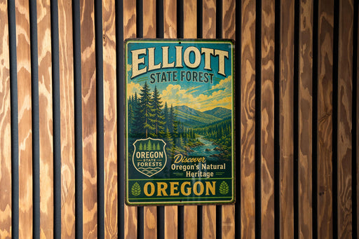 A vintage metal sign for Elliott State Forest in Oregon, featuring a scenic landscape with pine trees and mountains.