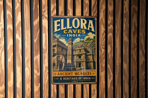 A vintage metal sign with the text "ELLORA CAVES INDIA" and "ANCIENT WONDERS A HERITAGE OF INDIA" is displayed on a wooden wall.