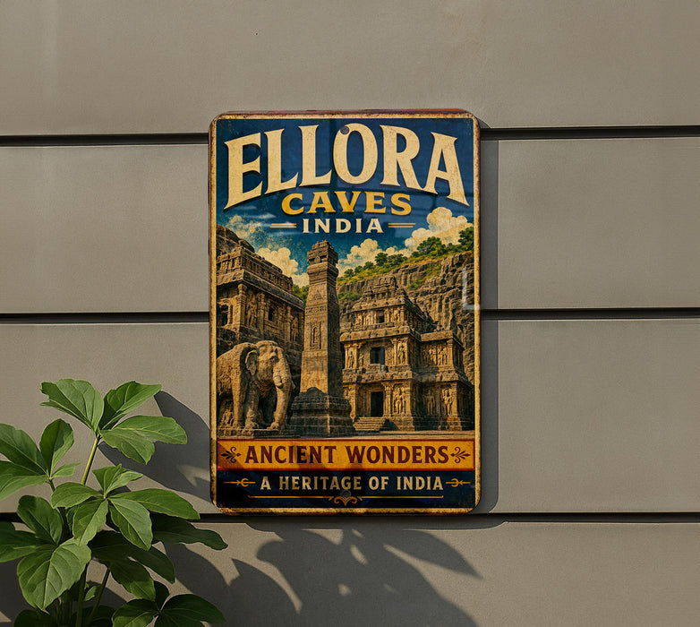 A vintage-style sign for Ellora Caves in India, featuring an illustration of ancient structures and a large elephant.