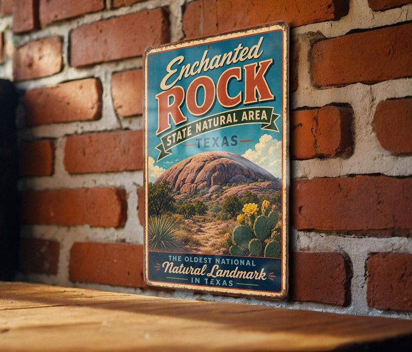 A vintage-style metal sign for the Enchanted Rock State Natural Area in Texas, featuring a scenic image of the rock formation and desert landscape.