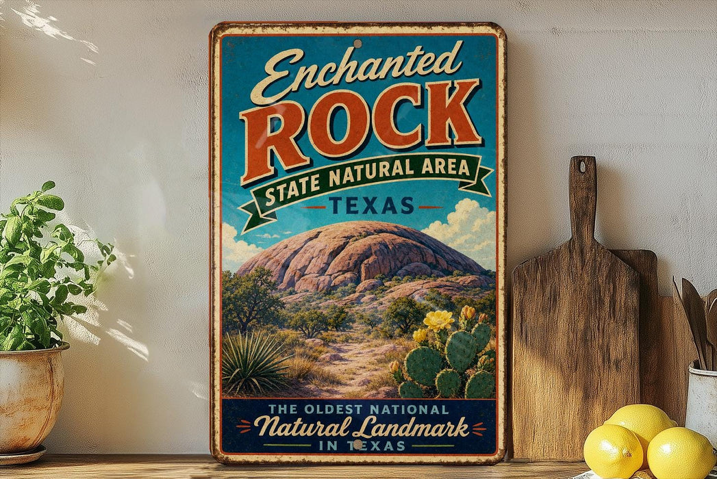 A vintage-style sign for the Enchanted Rock State Natural Area in Texas, featuring a desert landscape with a cactus and a mountain in the background.