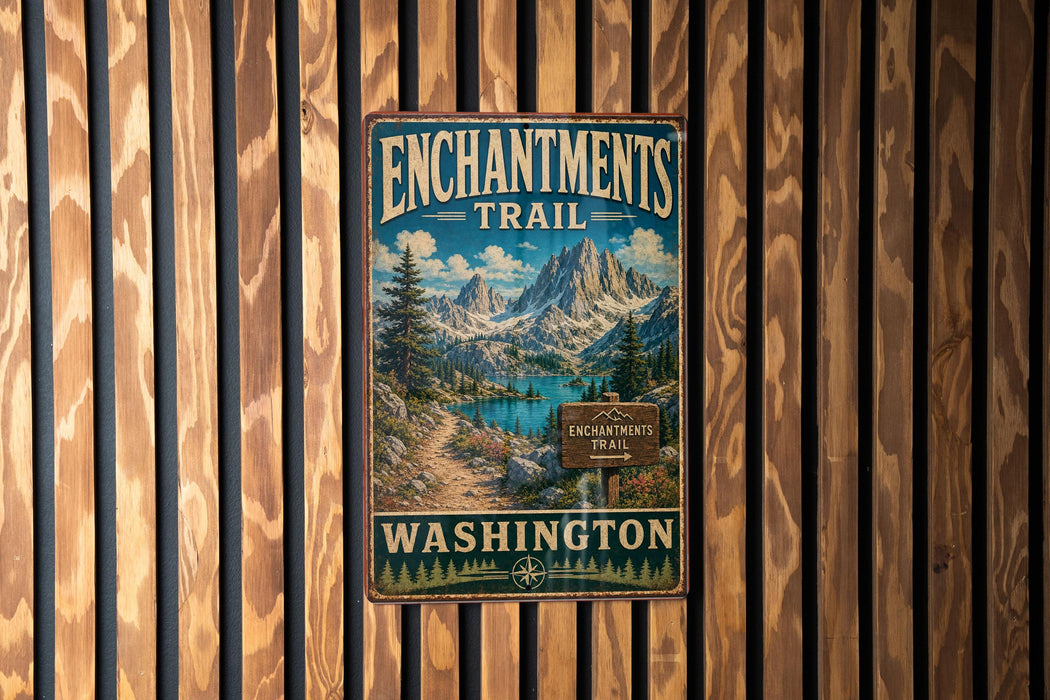 A vintage metal sign for the Enchantments Trail in Washington, featuring a scenic mountain landscape with a lake and pine trees.