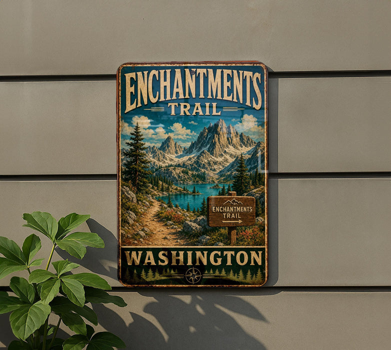 A vintage-style metal sign for the Enchanted Trail in Washington, featuring a scenic mountain landscape with a lake and pine trees.