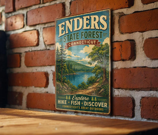 A vintage metal sign for Enders State Forest in Connecticut, featuring a scenic landscape with a lake and mountains.
