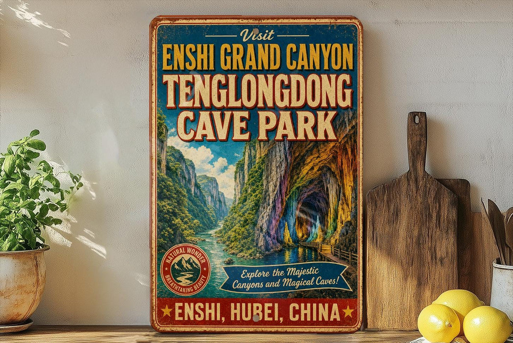 a vintage-style metal sign advertising the Echni Grand Canyon, Tenglongdong Cave Park, with a scenic illustration of the canyon and a wooden paddle on a shelf.