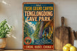 a vintage-style metal sign advertising the Echni Grand Canyon, Tenglongdong Cave Park, with a scenic illustration of the canyon and a wooden paddle on a shelf.