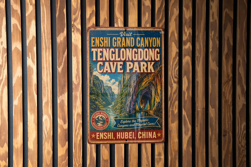 a vintage-style metal sign with a scenic image of a cave, mounted on a wooden wall.