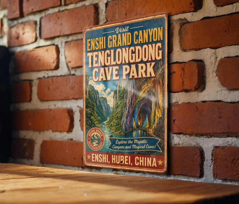 a vintage-style sign for the Echni Grand Canyon, Tenglongdong Cave Park, and the Echni Grand Canyon in Tibet, China.